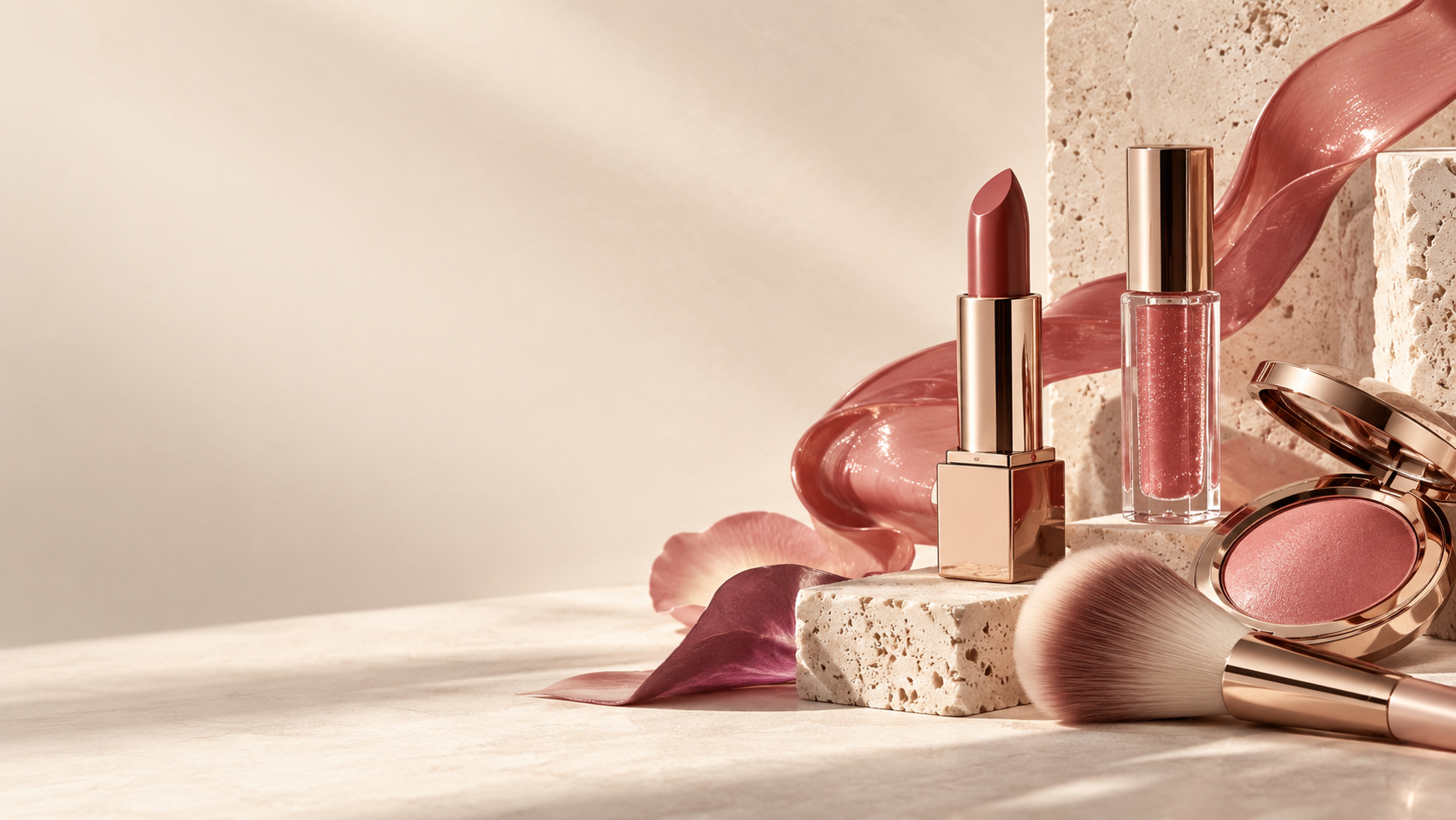 Batom, gloss, blush e pincel em uma composição rosada de maquiagem